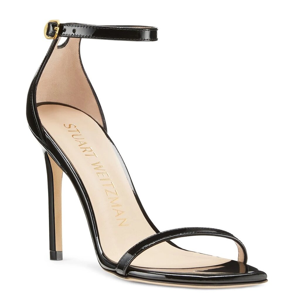 Stuart Weitzman "Nudistcurve 100" Black Patent Leather Stiletto Sandals NEW 9